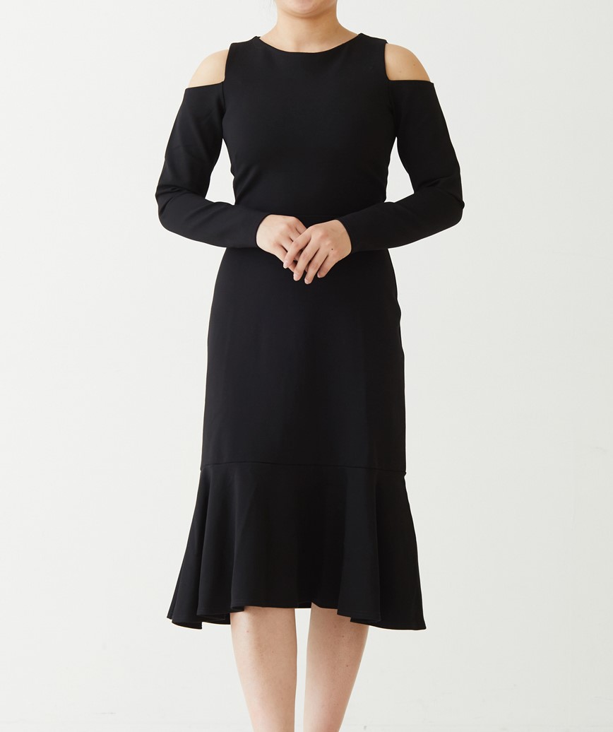 オープンショルダージャージーミディアムドレス-ブラック-S
