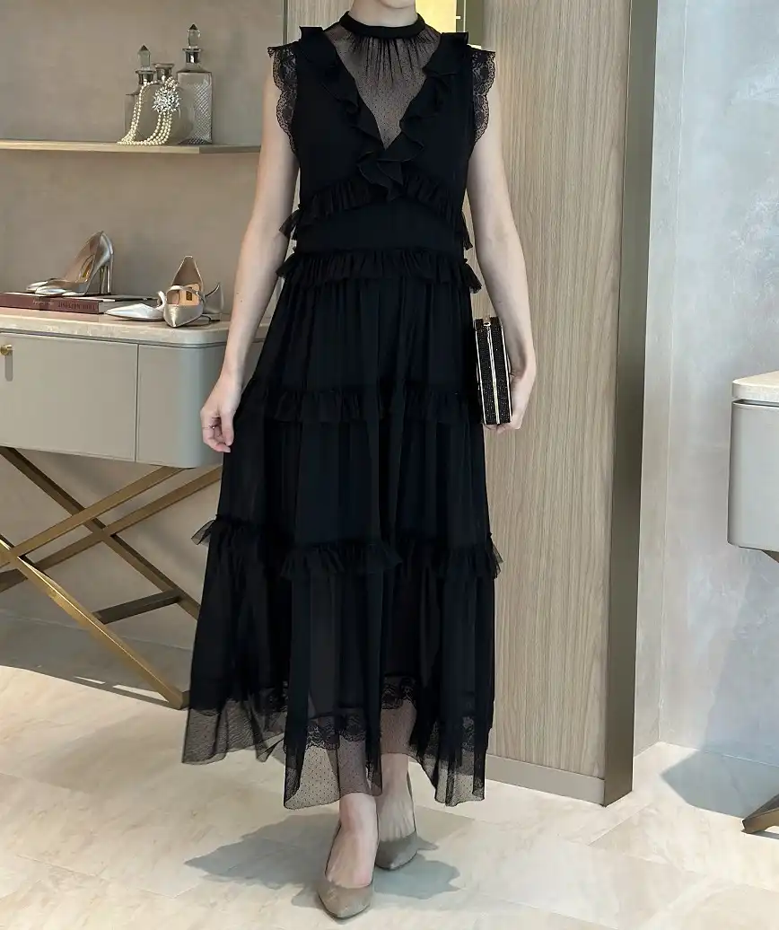 ブラックシフォンストライプロングドレス―ブラック-S-M