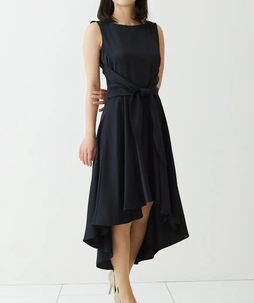 サテンウエストリボンショートドレス―ブラック-S-M