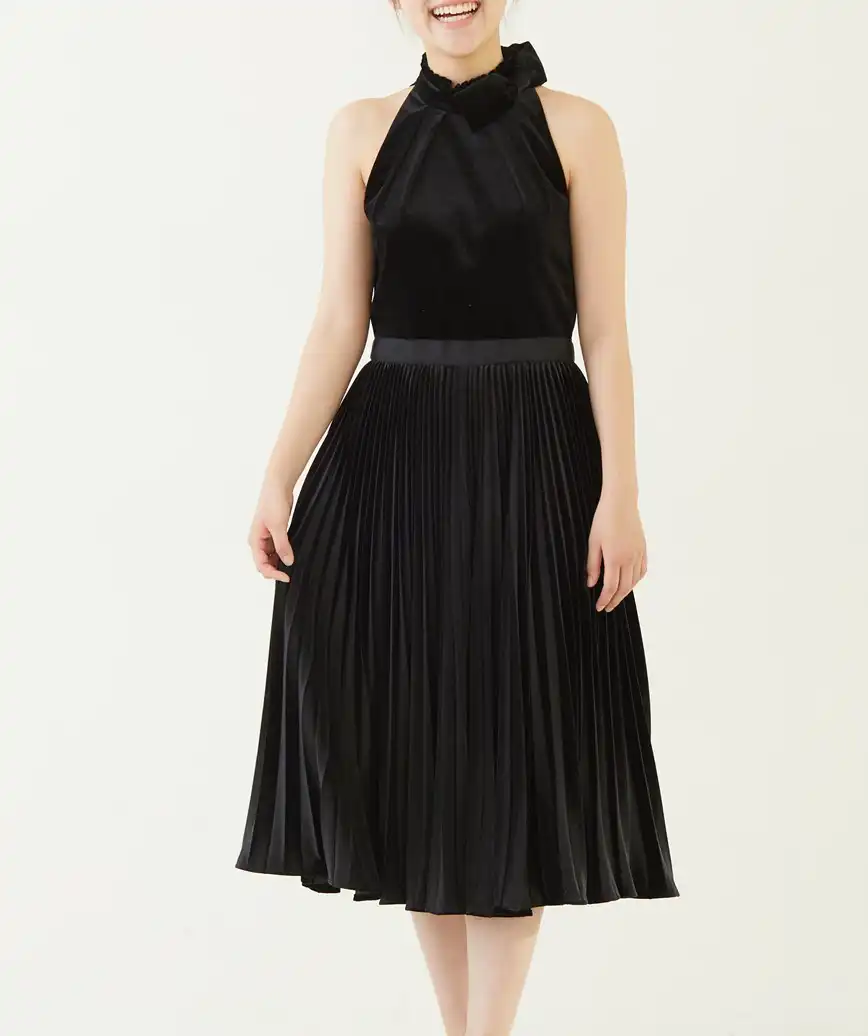 アメリカンスリーブベルベットミディアムドレス―ブラック-S-M