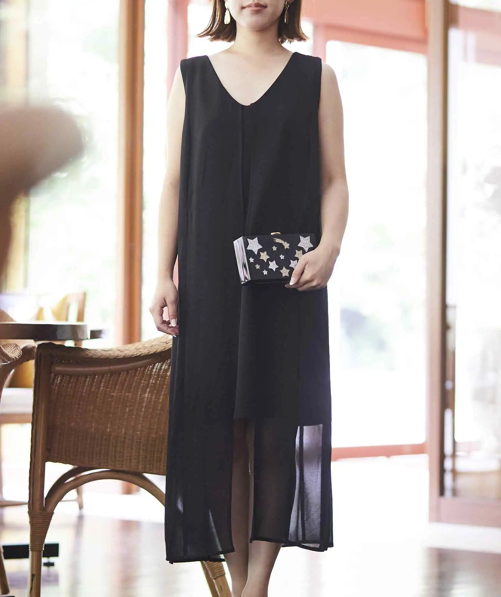 シフォンロングデザインショートドレス-ブラック-S