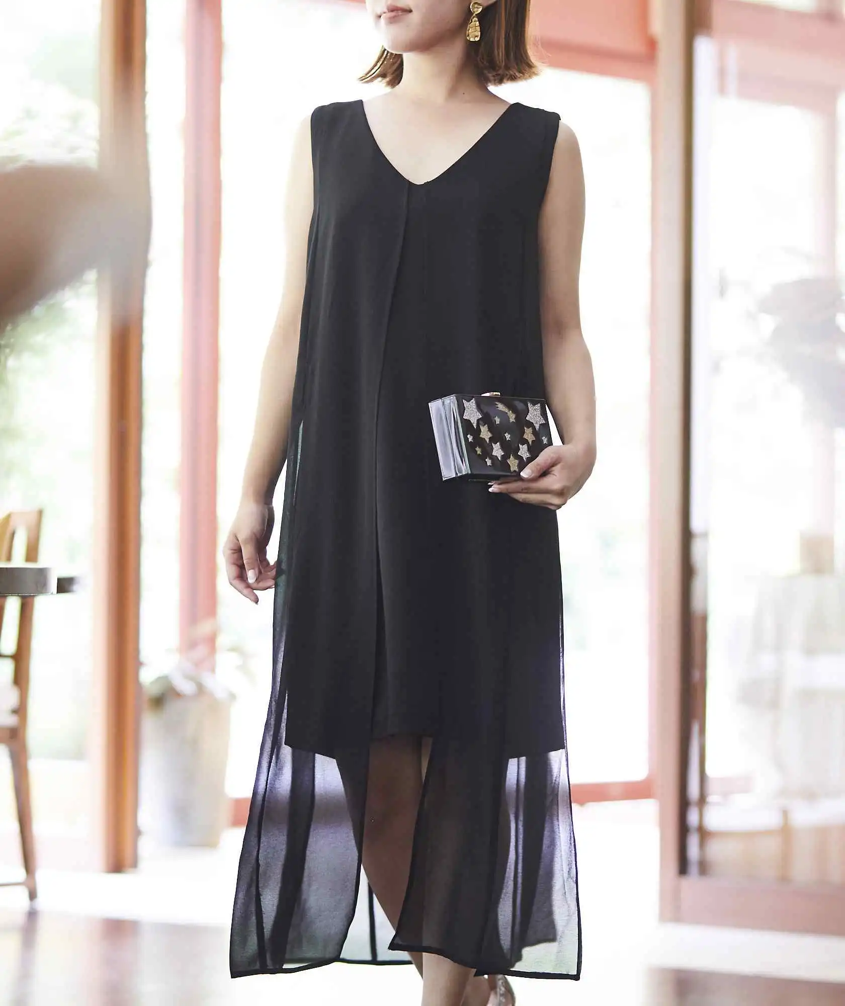 シフォンロングデザインショートドレス-ブラック-S