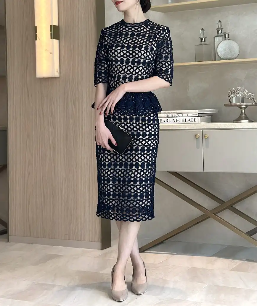 ペプラムレースタイトドレス-ネイビー-Sサイズ