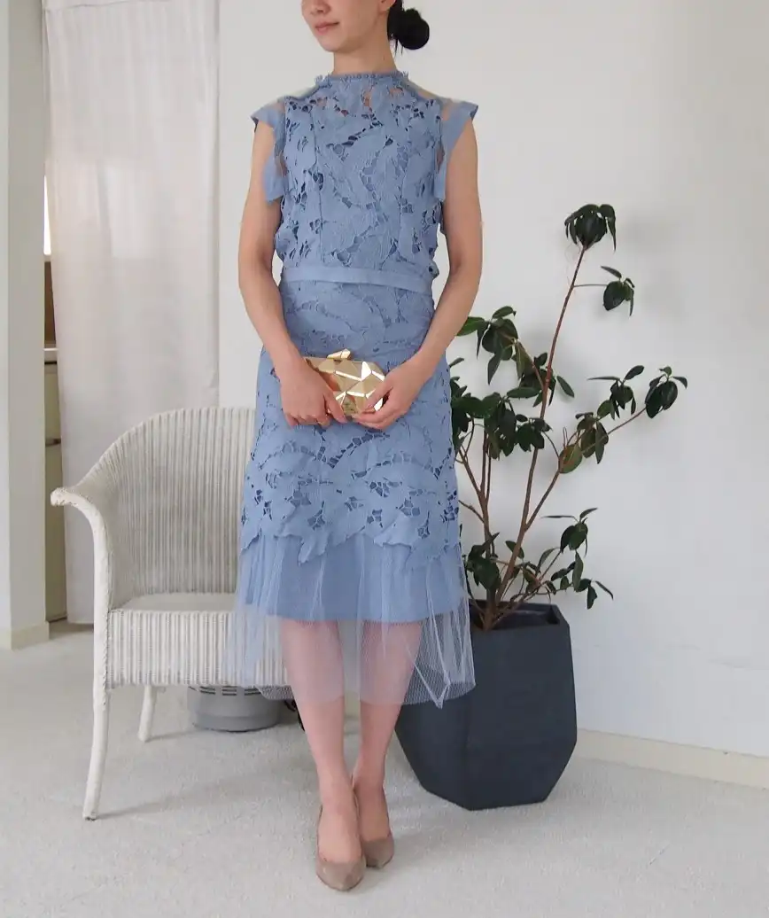 パネルレースセパレートデザインミディアムドレス-ブルー‐S