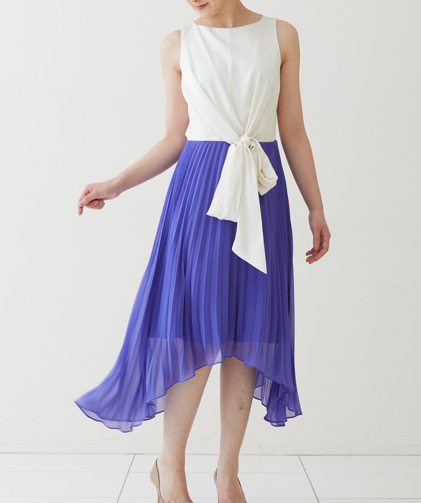プリーツスカート２イン１ミディアムドレス-ホワイト×ブルー-S-M