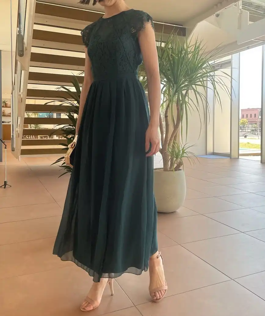 レーストップシフォンスリットデザインロングドレス-グリーン-S