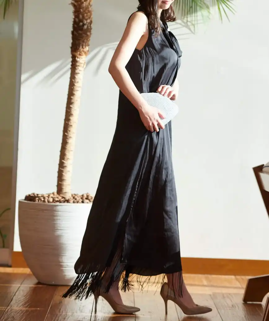 ボウタイフリンジロングドレス―ブラック-M