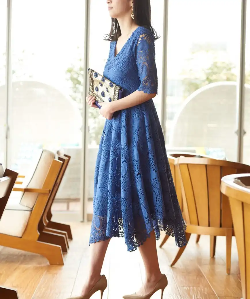 ショートスリーブAラインレースドレス―ブルー-L