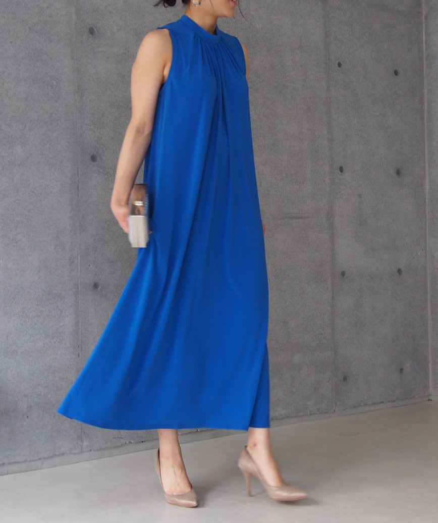 ハイネックドレープロングドレス-ブルー-M-L