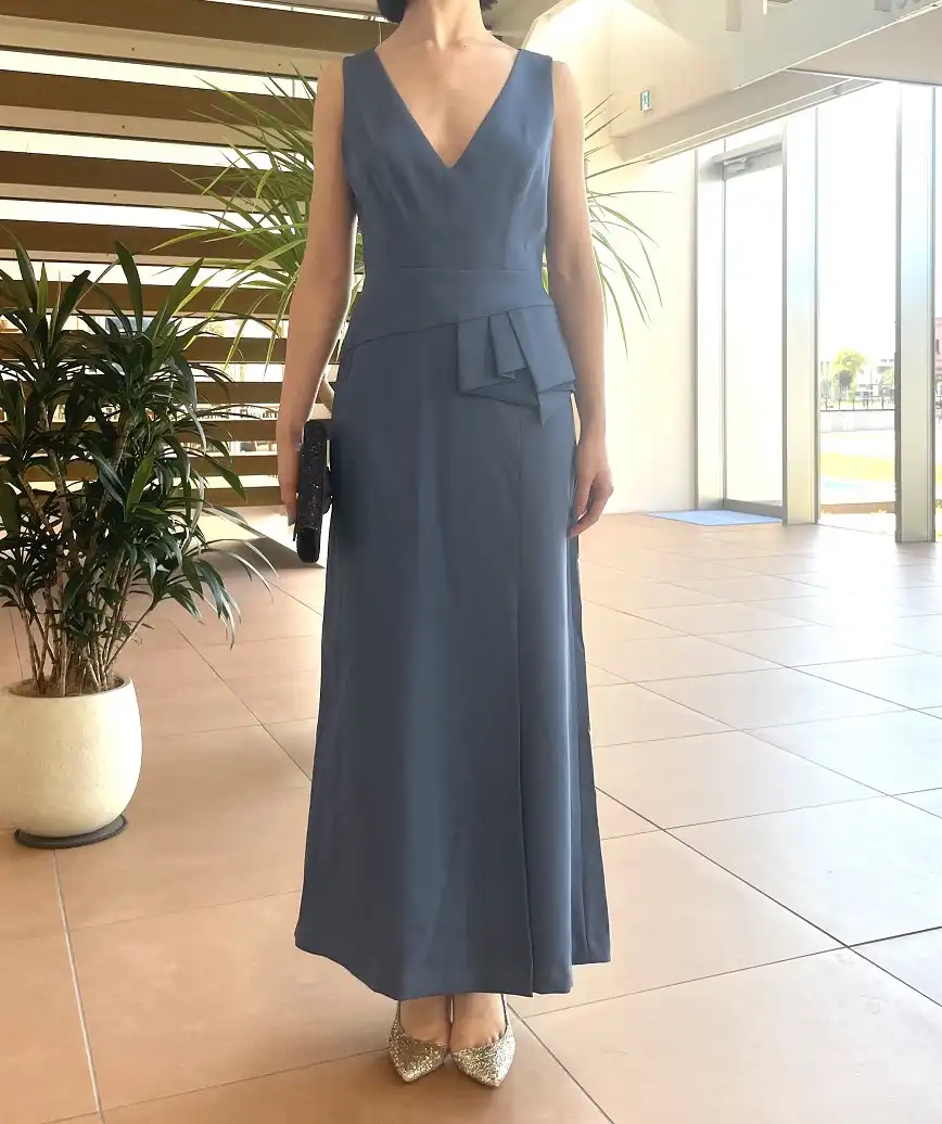 Vネックスリットデザインロングドレス-ブルー-M