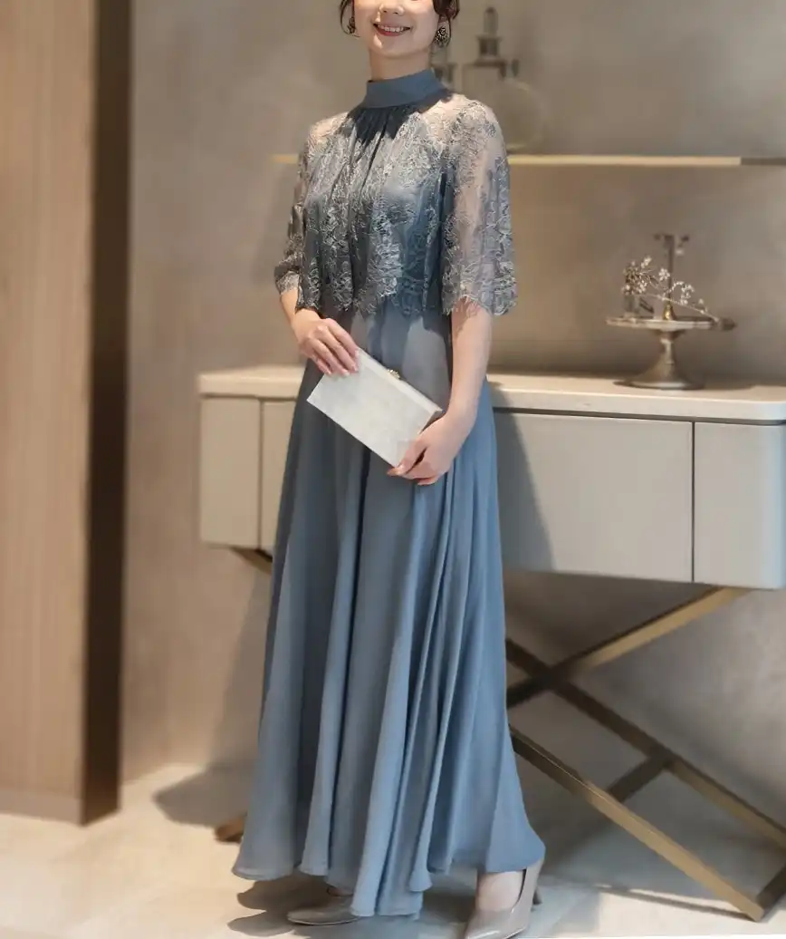 レースケープロングドレス-ブルーグレー-Mサイズ