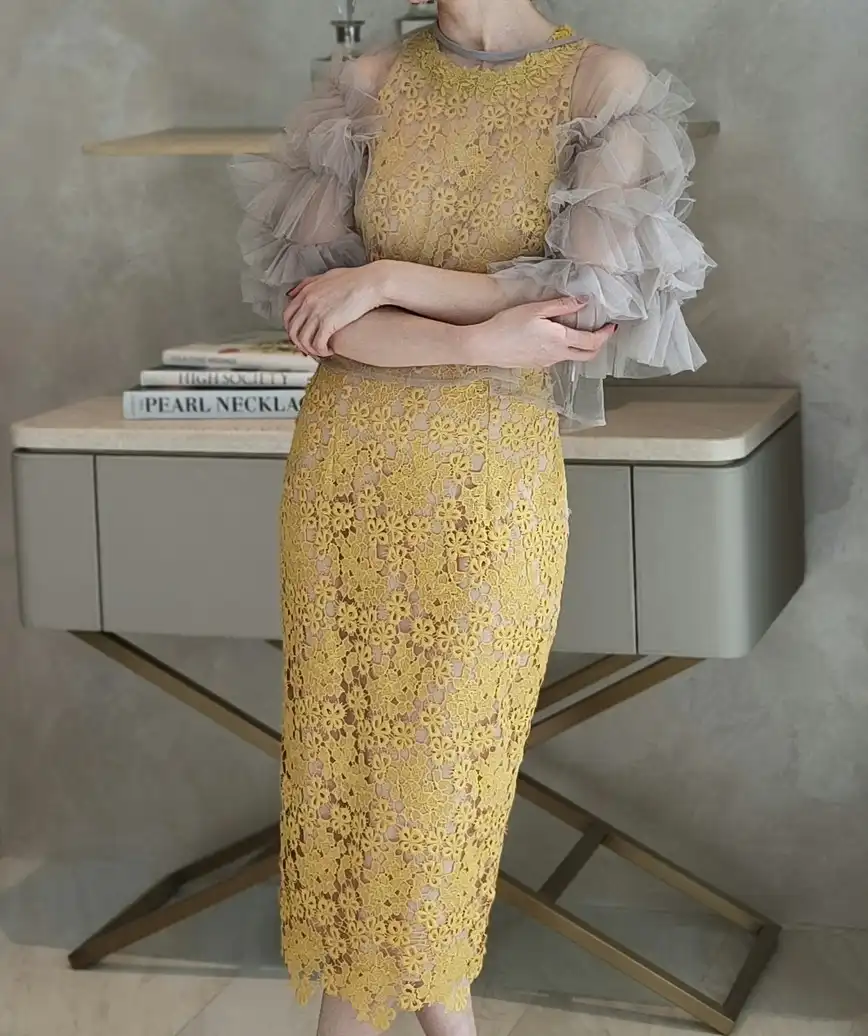 アメリカンスリーブレースドレス-イエロー-Lサイズ