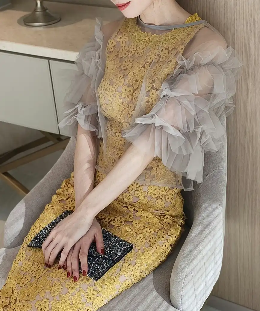 アメリカンスリーブレースドレス-イエロー-Mサイズ