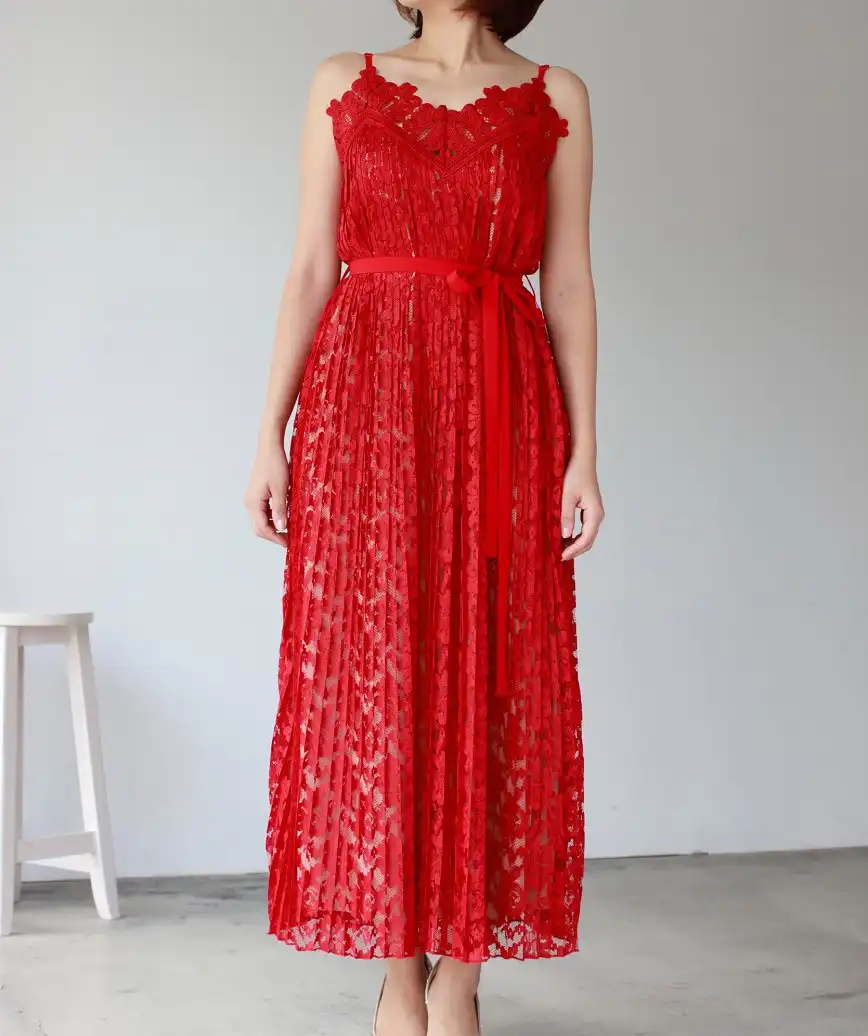 ストラップレースボリュームマークロングドレス-レッド-M