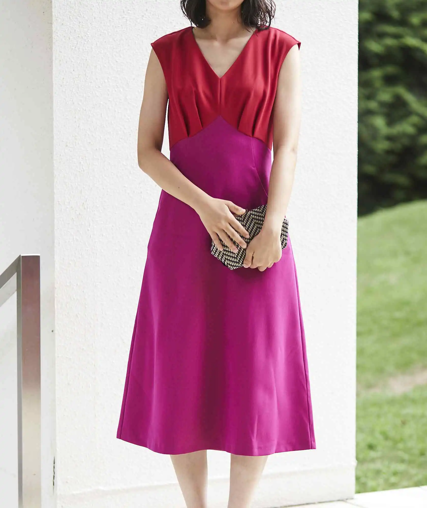 ブロッキングカラーＡラインミディアムドレス-ピンク-M-L