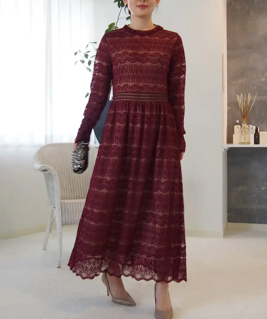 ショートハイネックパネルレースフルスリーブミディアムドレスーボルドー‐M-L