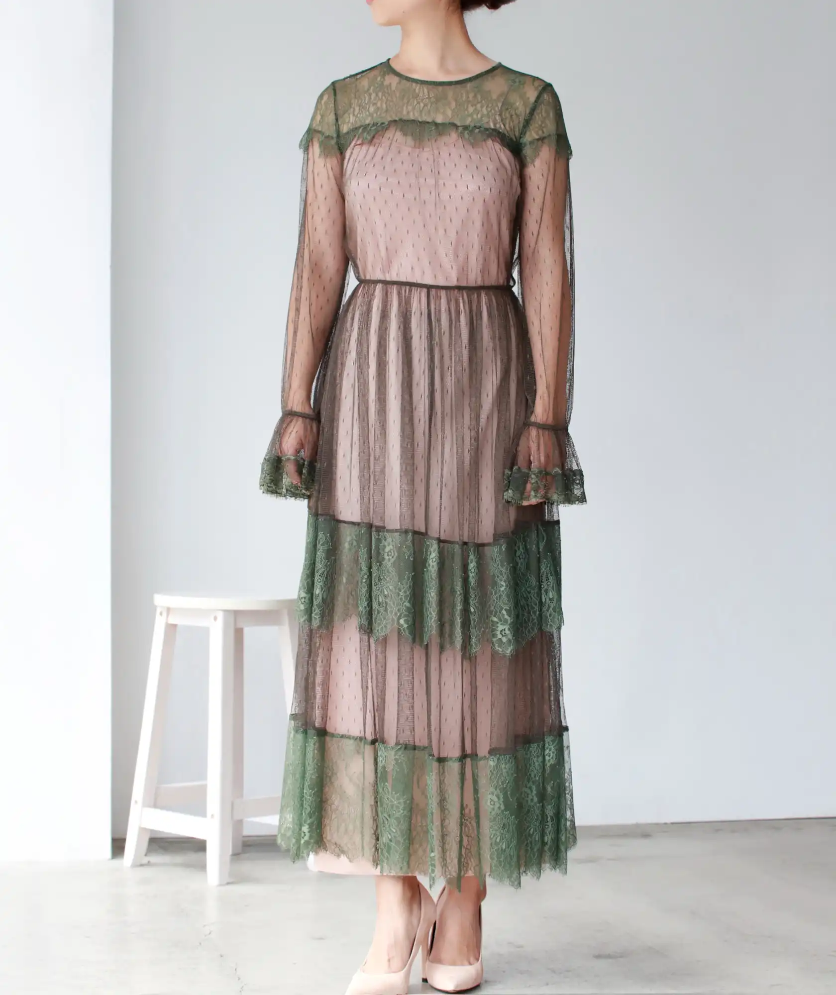 ファインレースフリルドレス-グリーン-Mサイズ