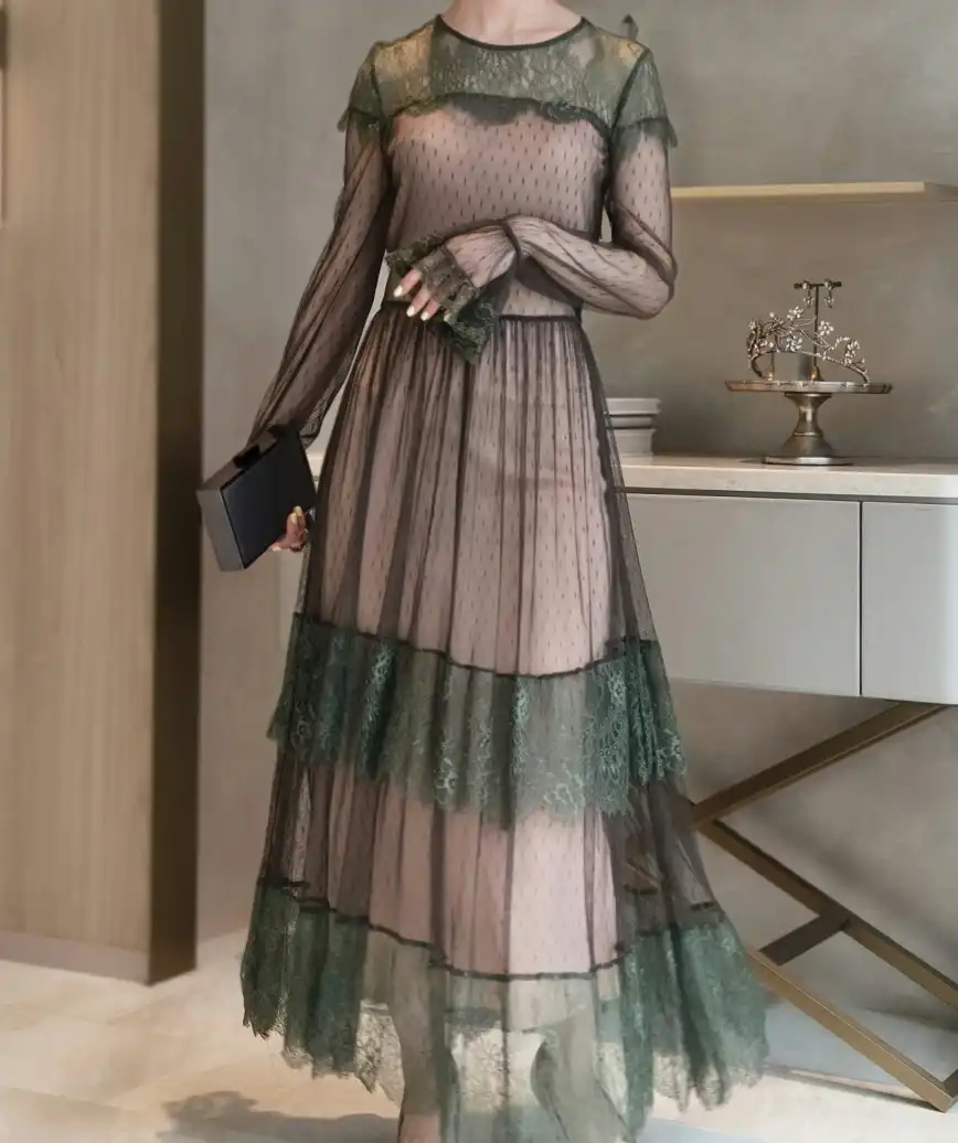 ファインレースフリルドレス-グリーン-Mサイズ