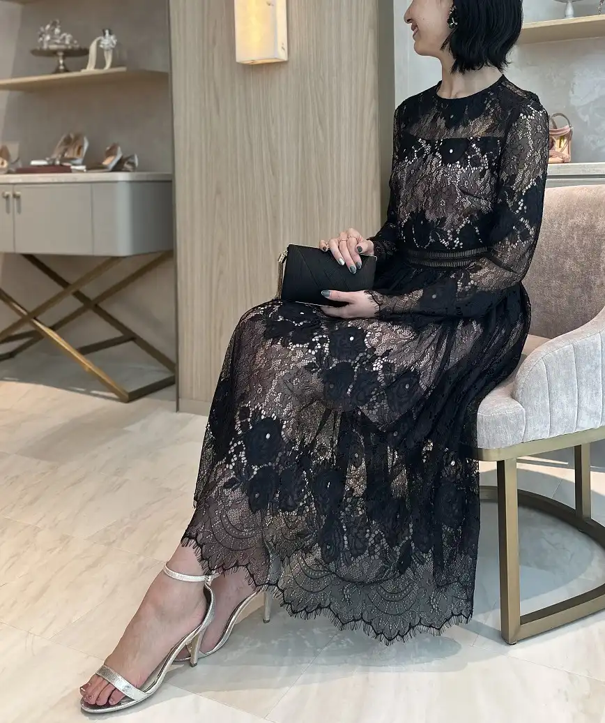ラッシュレースロングスリーブトドレス-ブラック-Lサイズ