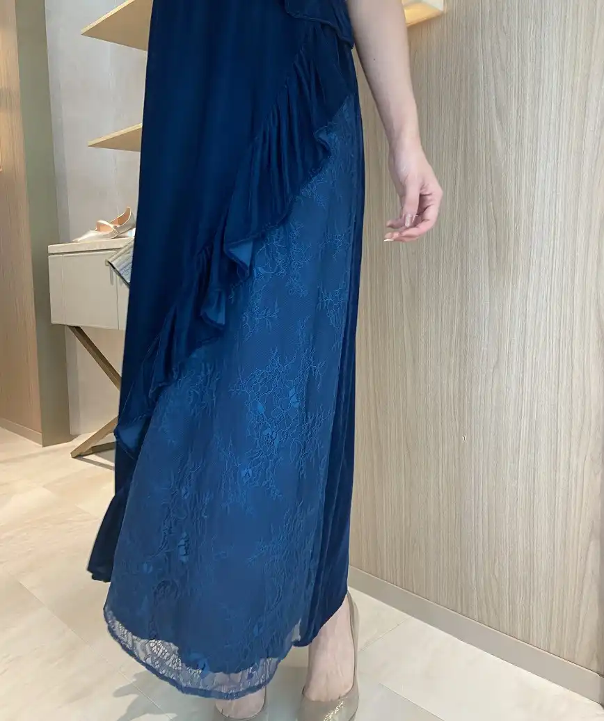 ベロアミックスレースデザインAラインミディアムドレス-ブルー-L