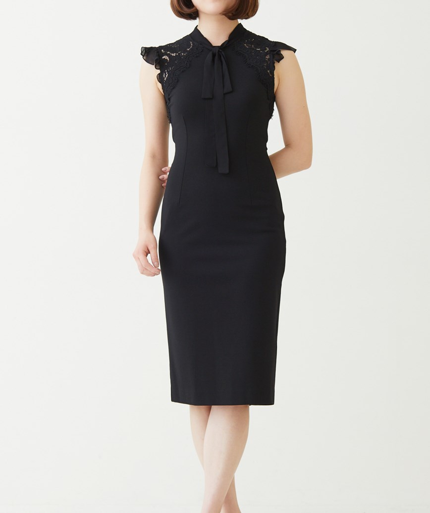 フリルスリーブタイトショートドレス―ブラック-XS