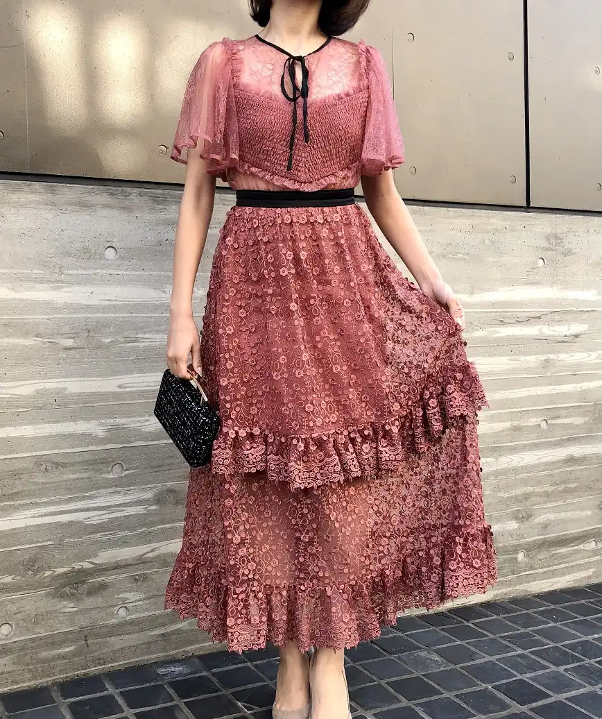 レイヤードスカートスルーレースミディアムドレス-ピンク-XS