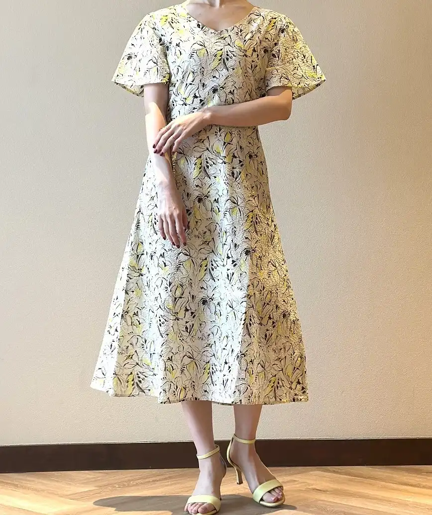 OGかりゆしナチュラルデザインワンピース-イエロー-S-M