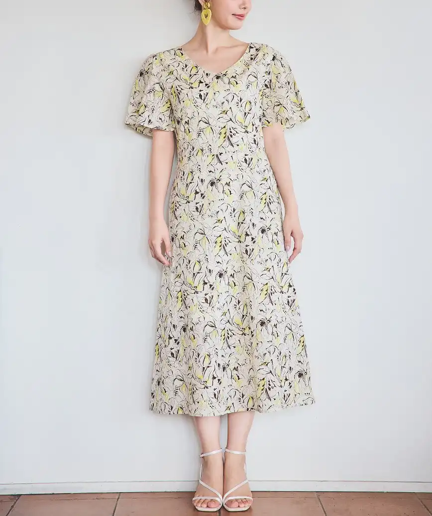 OGかりゆしナチュラルデザインワンピース-イエロー-S-M