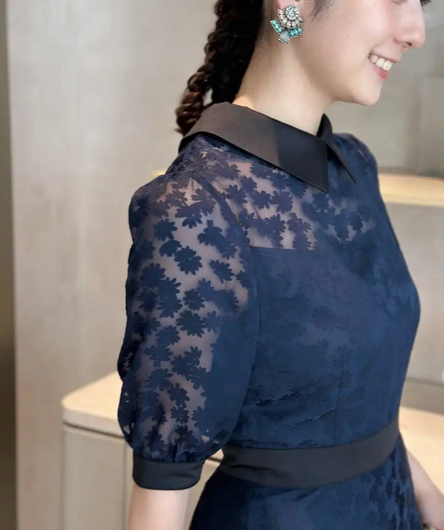 OGフラワーパフスリーブドレス-ネイビー-Sサイズ