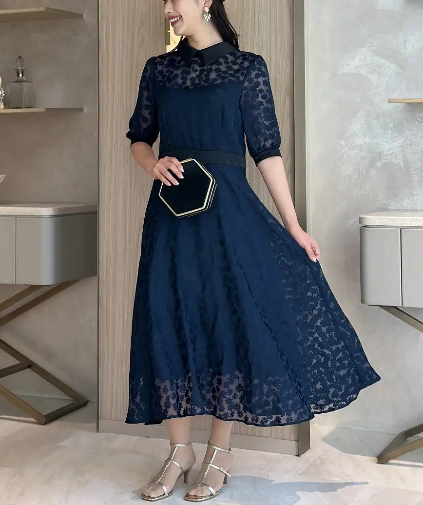 OGフラワーパフスリーブドレス-ネイビー-Lサイズ