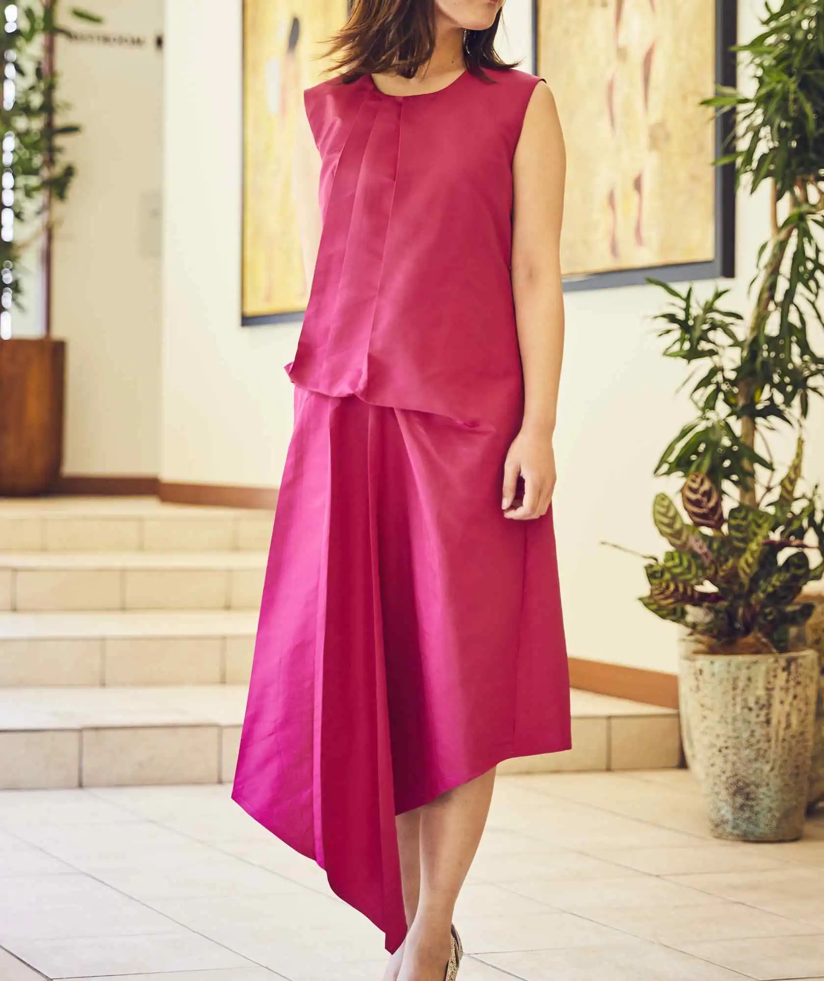 クルーネックデザイントップOGAラインミディアムドレス-ピンク-S