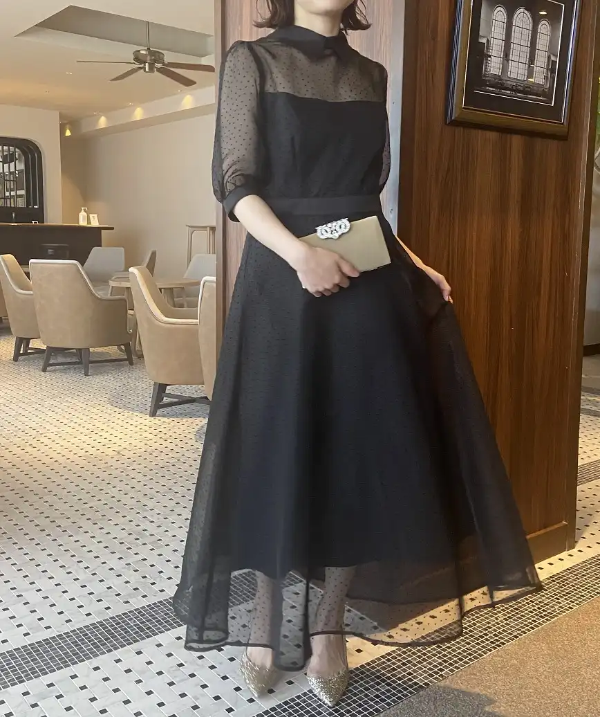 OGドットパフスリーブフロッキードレス-ブラック-Mサイズ