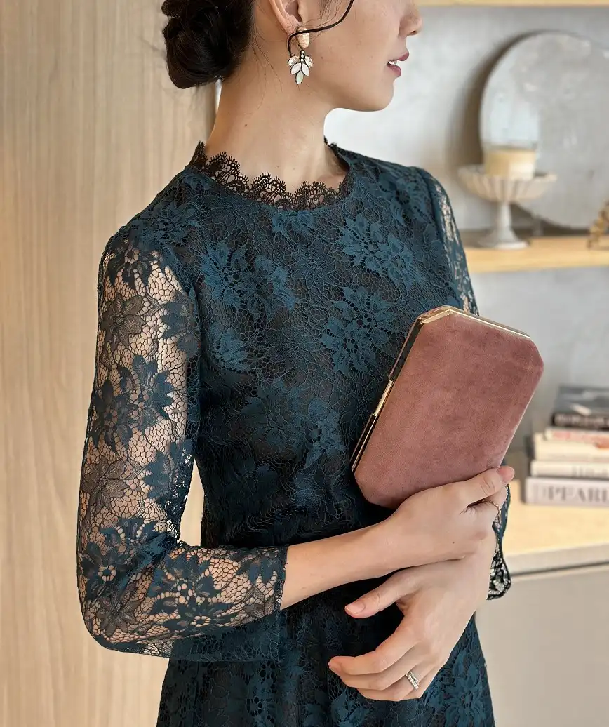 OGカラーブロックスモーキーフルレースドレス-グリーン-Lサイズ