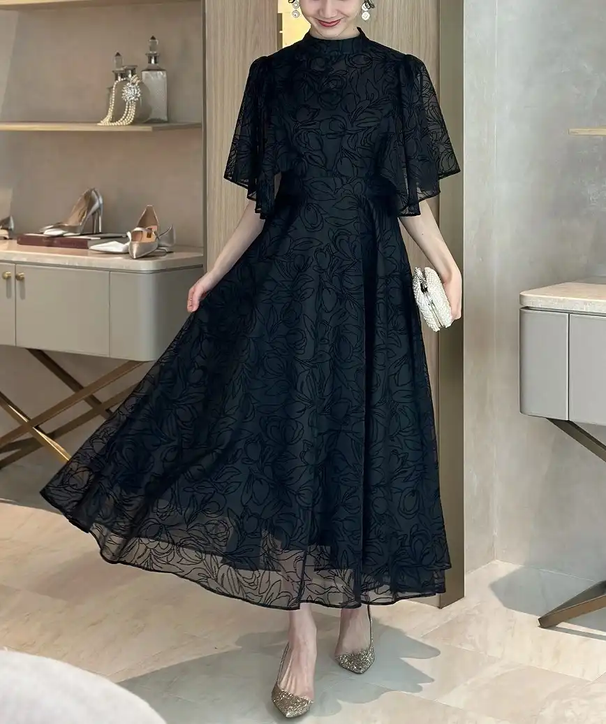 OGケープデザインフロッキーフラワーミディアムドレス-ブラック-L