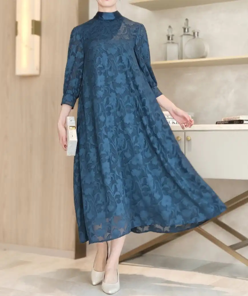 OGボタニカルジャガードスタンドネックドレス-ブルー-Fサイズ