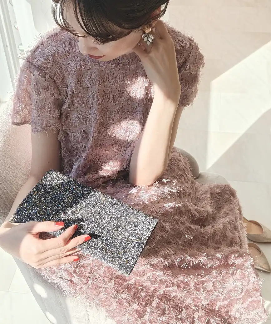 OGフリンジスタンドネックドレス-ピンク-Fサイズ