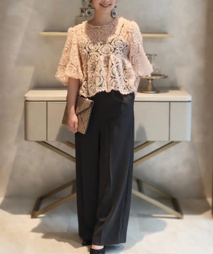 ペタルケープパンツドレス-ピンク×チャコール-Mサイズ