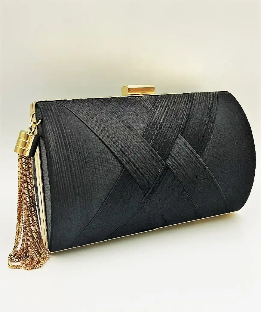 tassel satin cluth bag - black