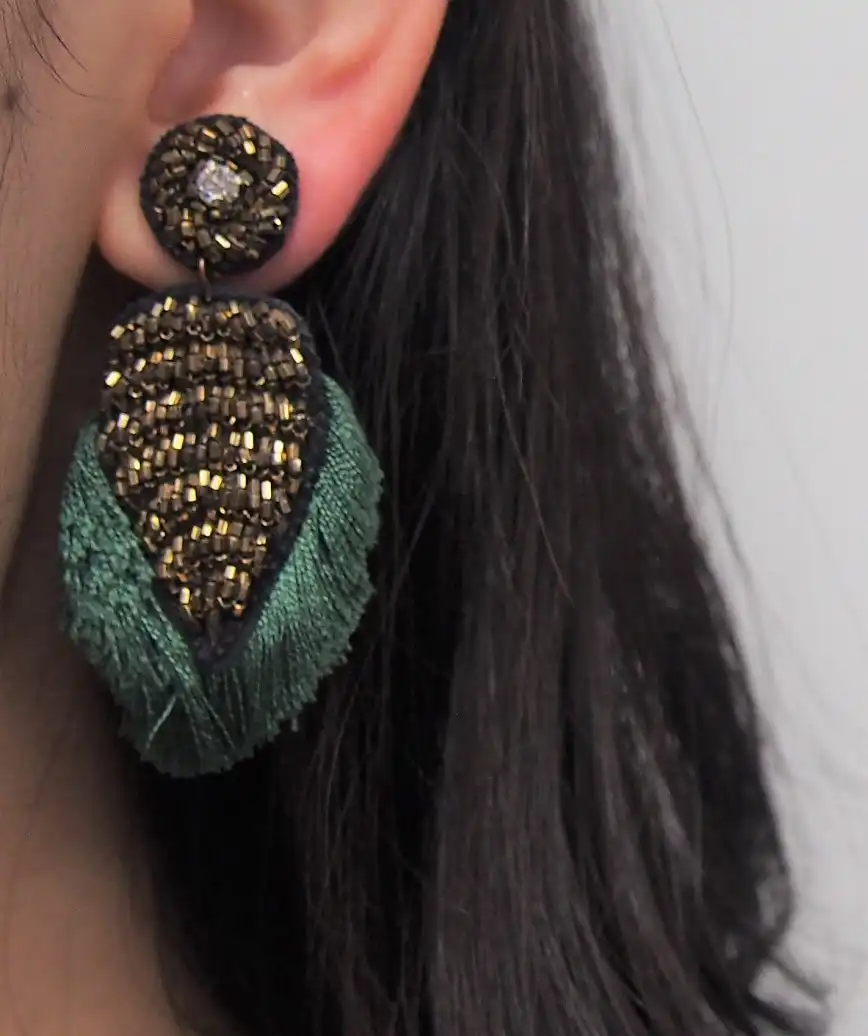 Green Fringe Motif Earrings