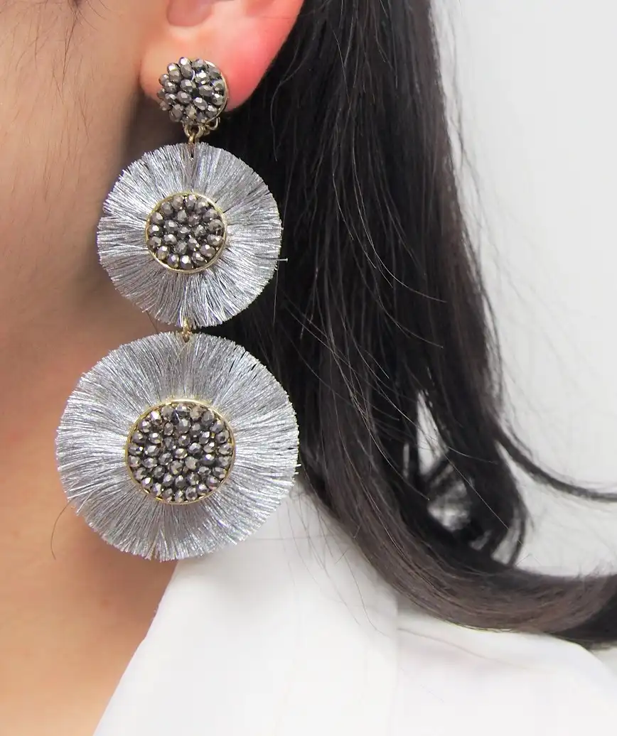Large Circle Fringe Drop Earrings - Silver