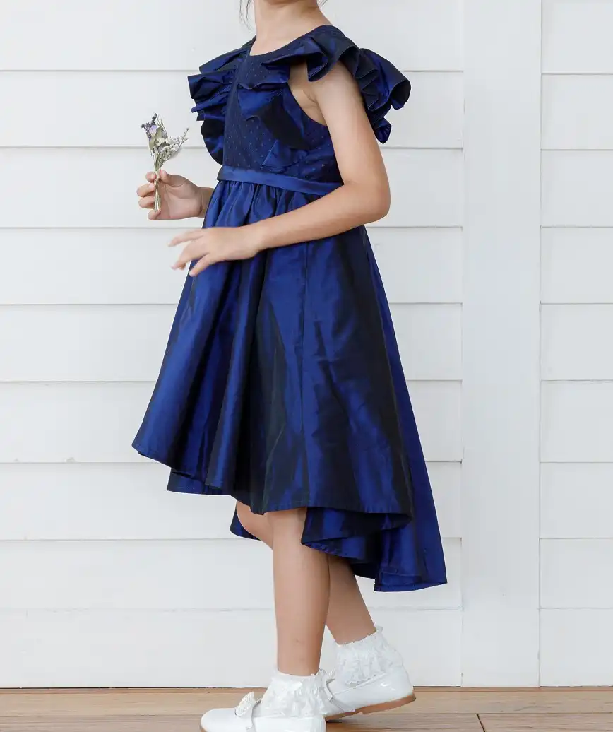 【キッズ】タフタロングテールミディアムドレスーネイビーー120サイズ