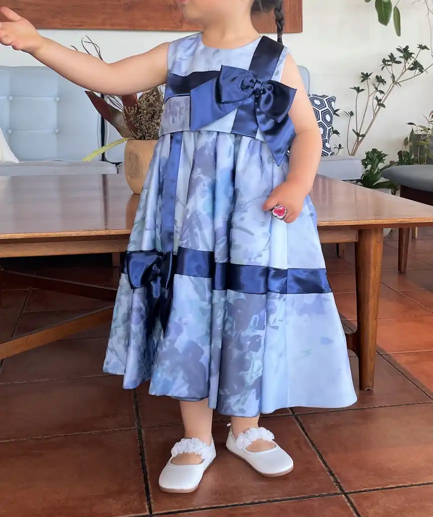 【キッズ】バーチカルリボンデザインミディアムドレス-ブルー-90サイズ