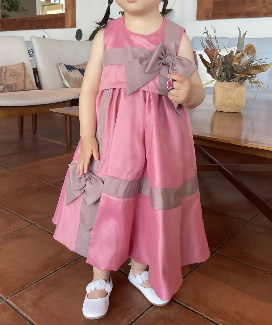 【キッズ】バーチカルリボンデザインミディアムドレス-ピンク-90サイズ