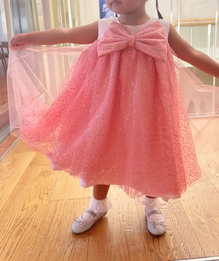 【キッズ】リボンスパンコールレースミディアムドレス-ピンク-90サイズ