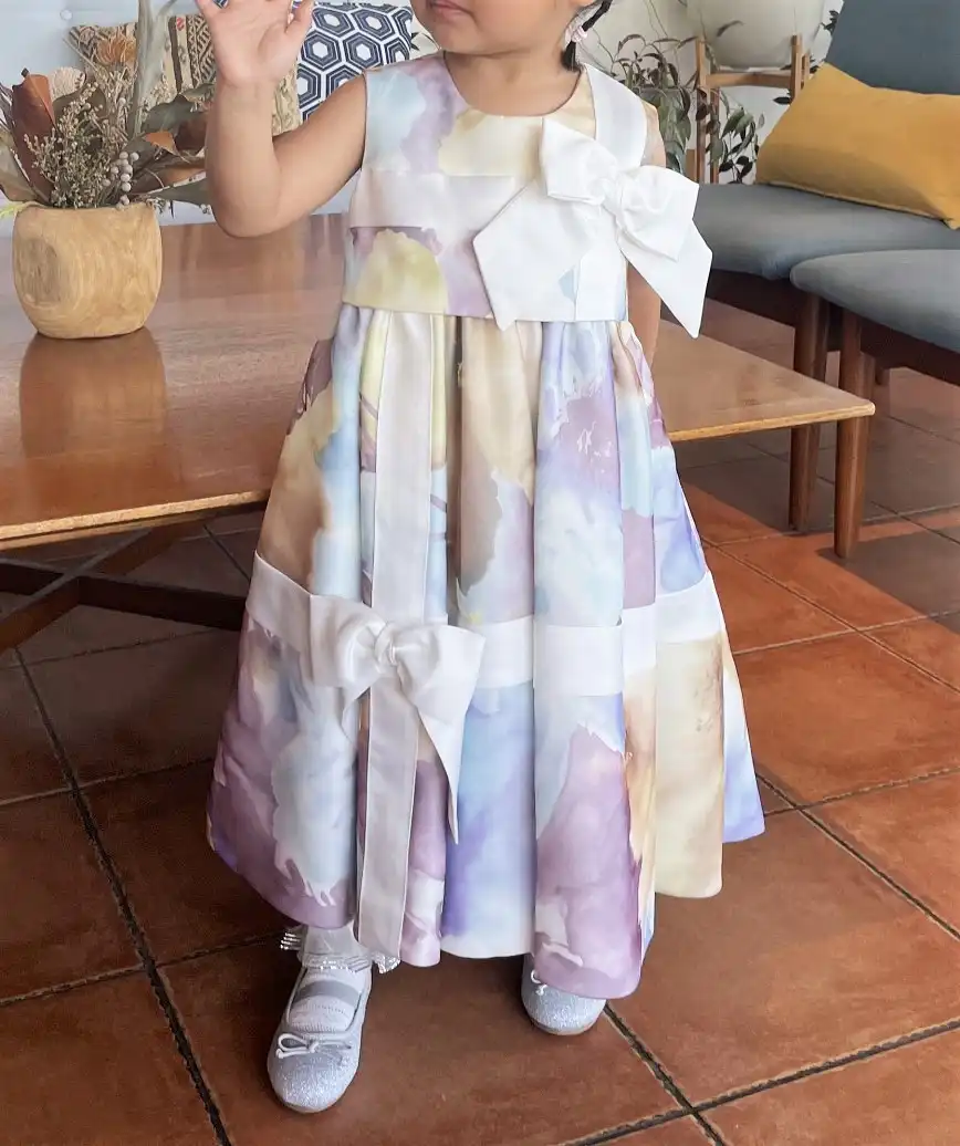 【キッズ】バーチカルリボンデザインミディアムドレス-ベージュ-90サイズ